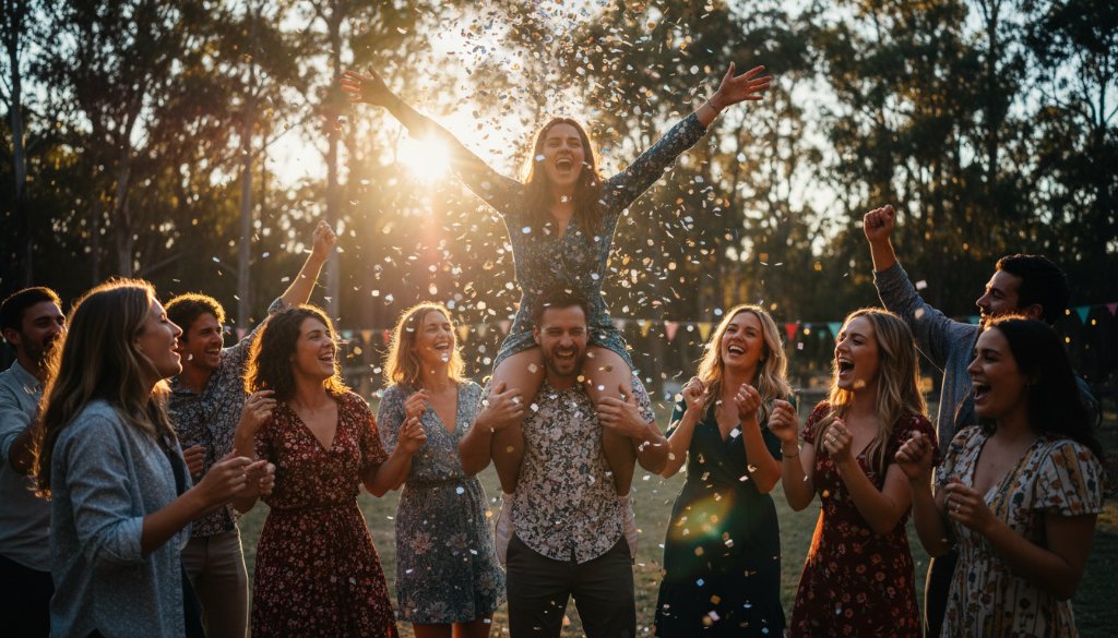An epic moment of pure joy at a Dennington party, captured by a Dennington Party Photography: Capturing Joyful Moments expert. Two children, mid-laughter, are showered with confetti under dramatic, warm party lights, their faces alight with happiness. The background shows a blurry, festive Dennington community hall decorated for a celebration, with vibrant colours and a sense of energetic movement.