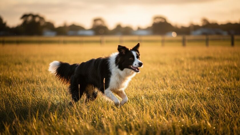 A joyful Golden Retriever mid-leap, fetching a ball in a sun-drenched Dennington park, embodying Dennington pet photography capturing furry friends' joy, with lush green trees and a clear blue sky in the background, professional cinematic style.