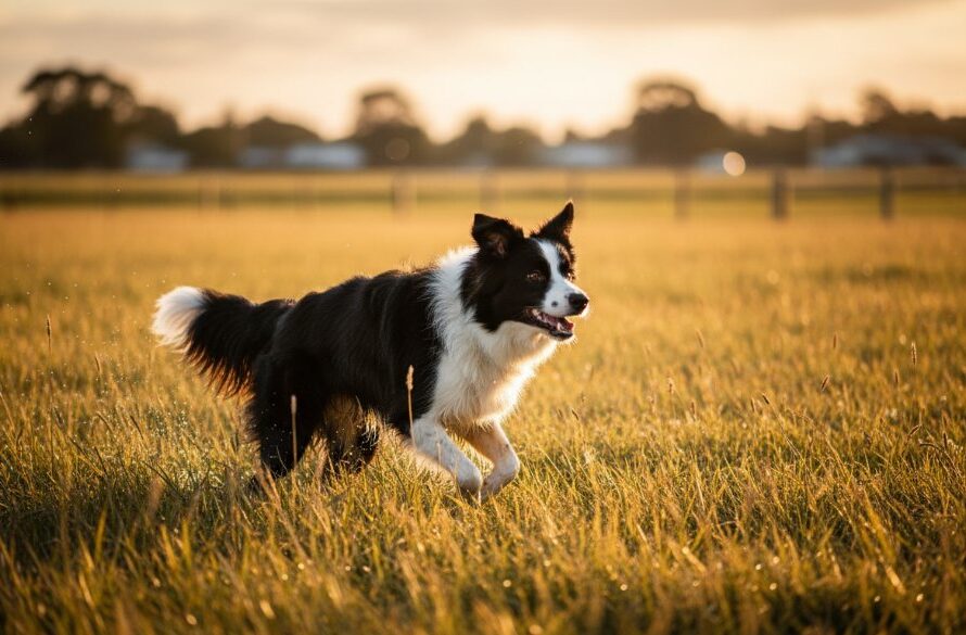 A joyful Golden Retriever mid-leap, fetching a ball in a sun-drenched Dennington park, embodying Dennington pet photography capturing furry friends' joy, with lush green trees and a clear blue sky in the background, professional cinematic style.