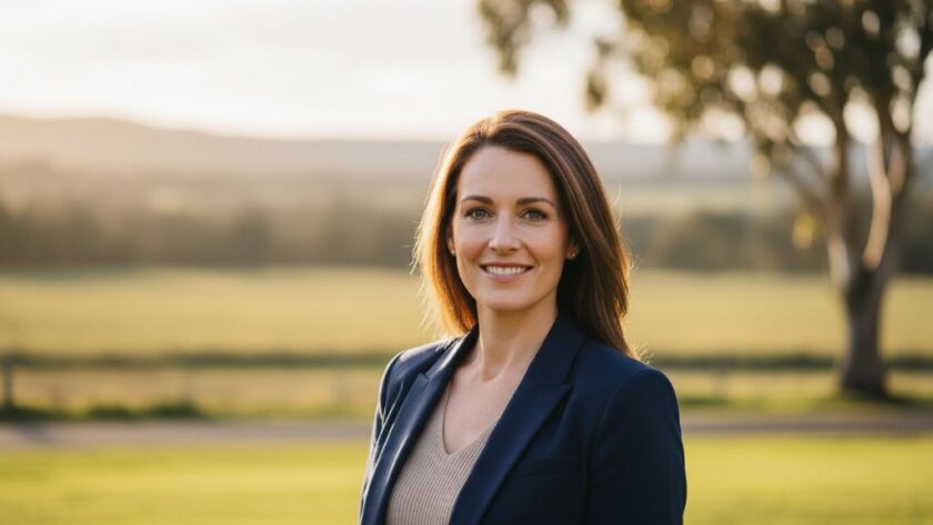 A candid, impactful professional headshot captured outdoors at sunset in Dennington, featuring a local professional radiating confidence and approachability, showcasing authentic professional headshots Dennington Victoria for local businesses. The subject is smiling warmly, with the soft, golden light enhancing their features and a blurred natural Dennington landscape in the background, exuding an 'epic moment' of career readiness.