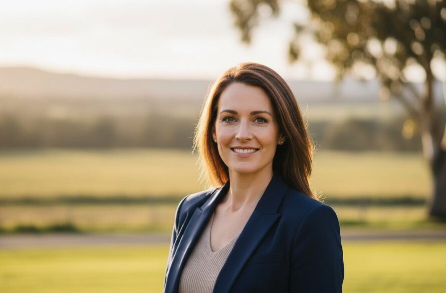 A candid, impactful professional headshot captured outdoors at sunset in Dennington, featuring a local professional radiating confidence and approachability, showcasing authentic professional headshots Dennington Victoria for local businesses. The subject is smiling warmly, with the soft, golden light enhancing their features and a blurred natural Dennington landscape in the background, exuding an 'epic moment' of career readiness.