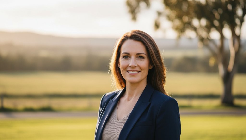 A candid, impactful professional headshot captured outdoors at sunset in Dennington, featuring a local professional radiating confidence and approachability, showcasing authentic professional headshots Dennington Victoria for local businesses. The subject is smiling warmly, with the soft, golden light enhancing their features and a blurred natural Dennington landscape in the background, exuding an 'epic moment' of career readiness.