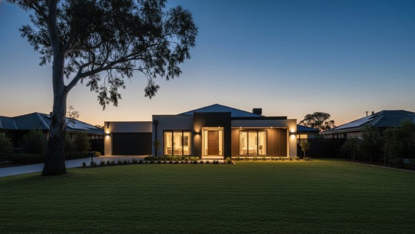 An epic moment photograph showcasing a stunning Dennington home at dusk, with warm interior lights glowing, highlighting the architectural beauty and garden appeal, captured by professional Dennington real estate photography that elevates property value.
