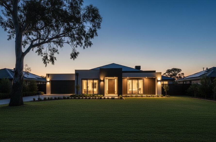 An epic moment photograph showcasing a stunning Dennington home at dusk, with warm interior lights glowing, highlighting the architectural beauty and garden appeal, captured by professional Dennington real estate photography that elevates property value.