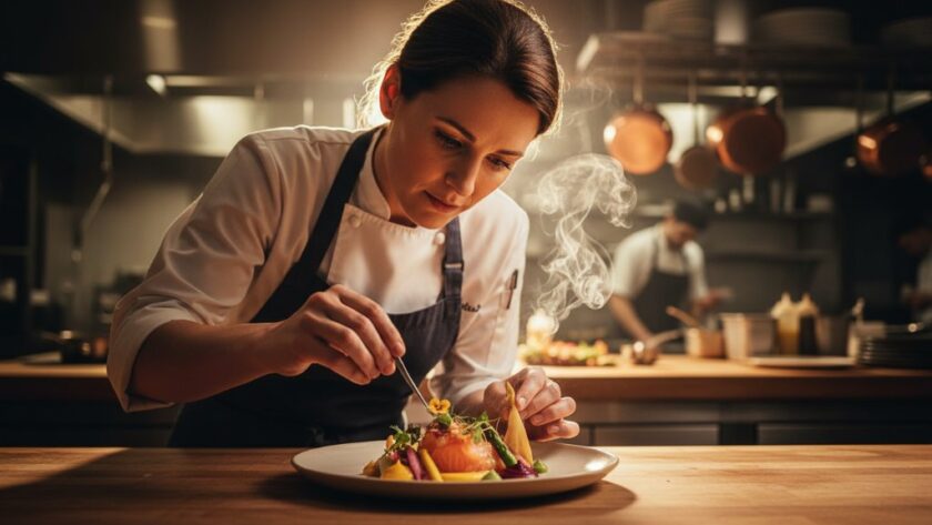 A stunning, low-angle shot of a chef's hands delicately plating a vibrant, fresh dish featuring Dennington regional produce, with dramatic backlighting highlighting steam and textures, embodying epic Dennington regional produce food photography Victoria.