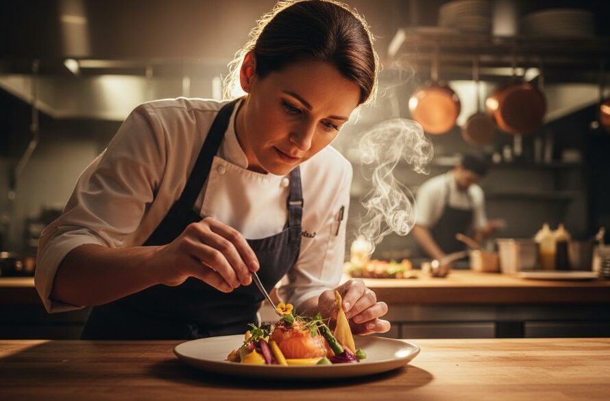 A stunning, low-angle shot of a chef's hands delicately plating a vibrant, fresh dish featuring Dennington regional produce, with dramatic backlighting highlighting steam and textures, embodying epic Dennington regional produce food photography Victoria.