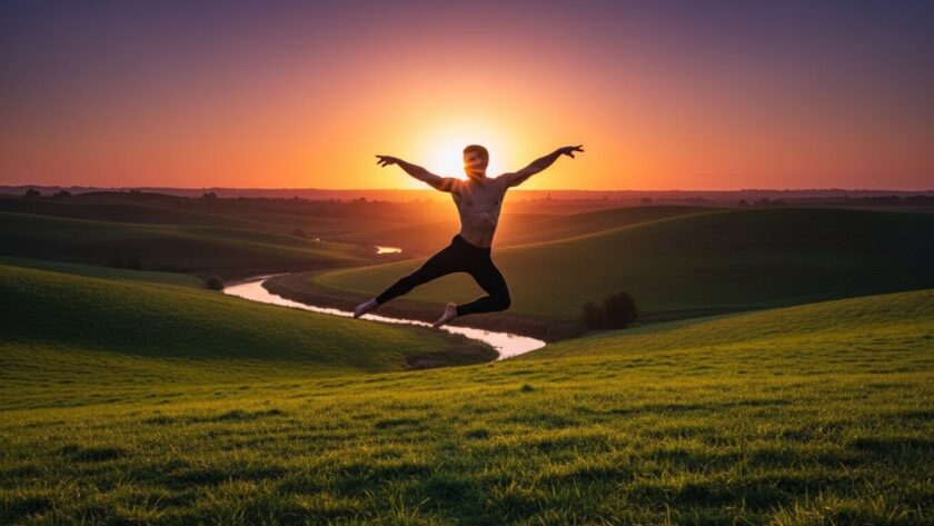 A male contemporary dancer mid-leap at golden hour in a Dennington park, capturing Dennington Victoria emotive dance photography with dramatic backlighting.