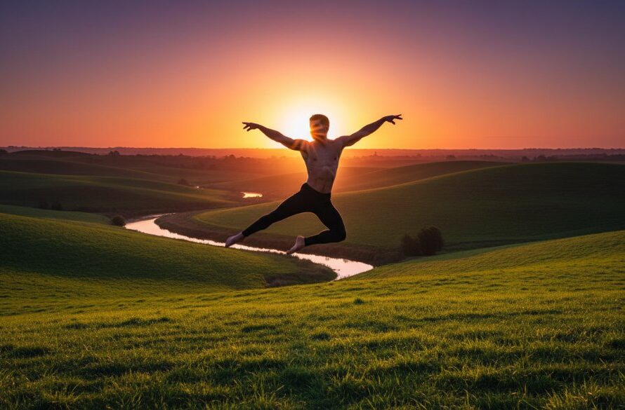 A male contemporary dancer mid-leap at golden hour in a Dennington park, capturing Dennington Victoria emotive dance photography with dramatic backlighting.