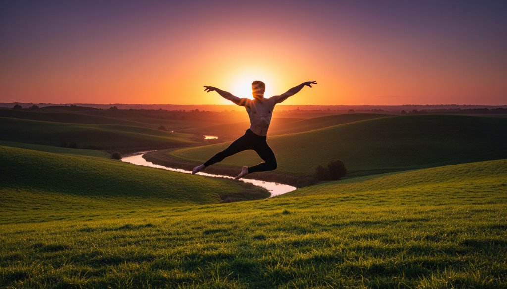 A male contemporary dancer mid-leap at golden hour in a Dennington park, capturing Dennington Victoria emotive dance photography with dramatic backlighting.