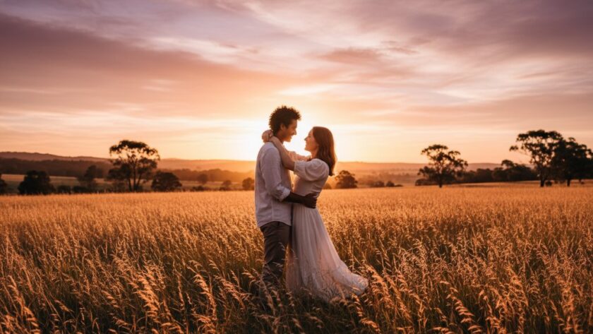 An emotionally charged, wide-angle shot of a couple enjoying their Dennington Victoria engagement photography rustic charm session, captured at sunset in a golden field, showing their joyful embrace under a dramatic sky, professionally colour-graded with warm tones.