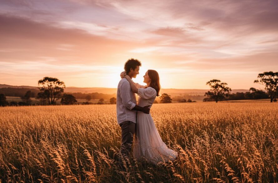 An emotionally charged, wide-angle shot of a couple enjoying their Dennington Victoria engagement photography rustic charm session, captured at sunset in a golden field, showing their joyful embrace under a dramatic sky, professionally colour-graded with warm tones.