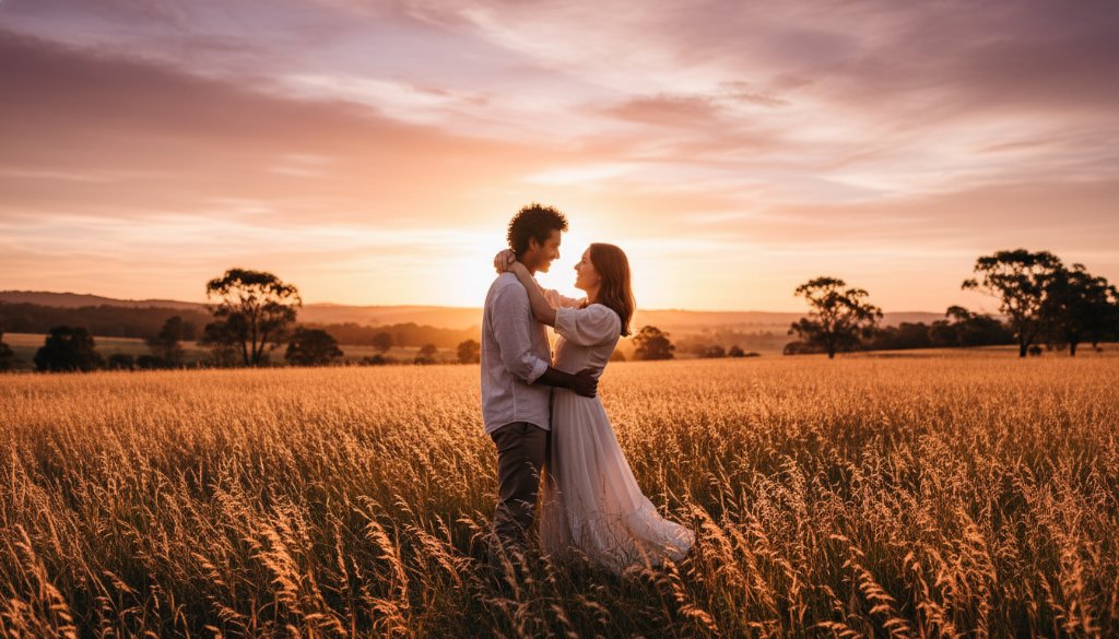 An emotionally charged, wide-angle shot of a couple enjoying their Dennington Victoria engagement photography rustic charm session, captured at sunset in a golden field, showing their joyful embrace under a dramatic sky, professionally colour-graded with warm tones.