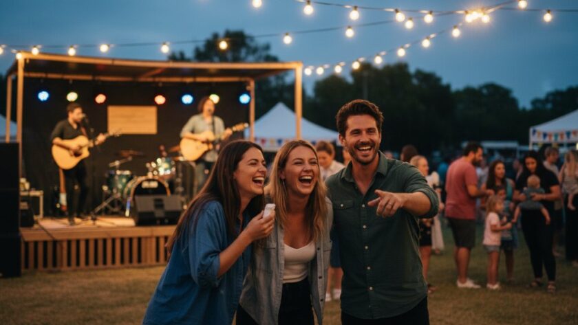 An epic, high-energy photograph capturing a vibrant community festival in Dennington, Victoria, with people dancing under string lights, a local band performing, and joyful expressions, showcasing the essence of Dennington Victoria event photography capture.
