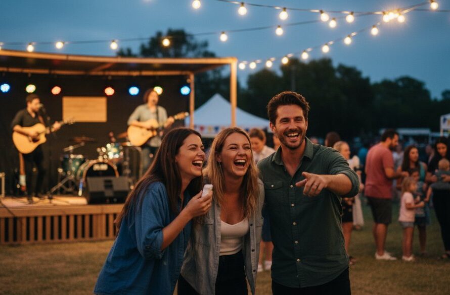An epic, high-energy photograph capturing a vibrant community festival in Dennington, Victoria, with people dancing under string lights, a local band performing, and joyful expressions, showcasing the essence of Dennington Victoria event photography capture.