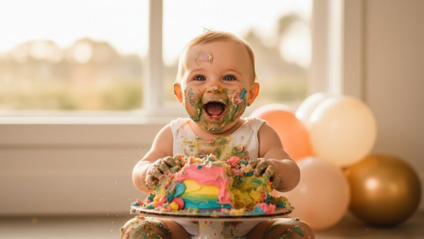 An epic moment captured by Dennington Victoria First Birthday Cake Smash Photographer: a joyous baby, smeared in vibrant blue frosting, laughing amidst cake debris with balloons in the background, bathed in soft golden light.
