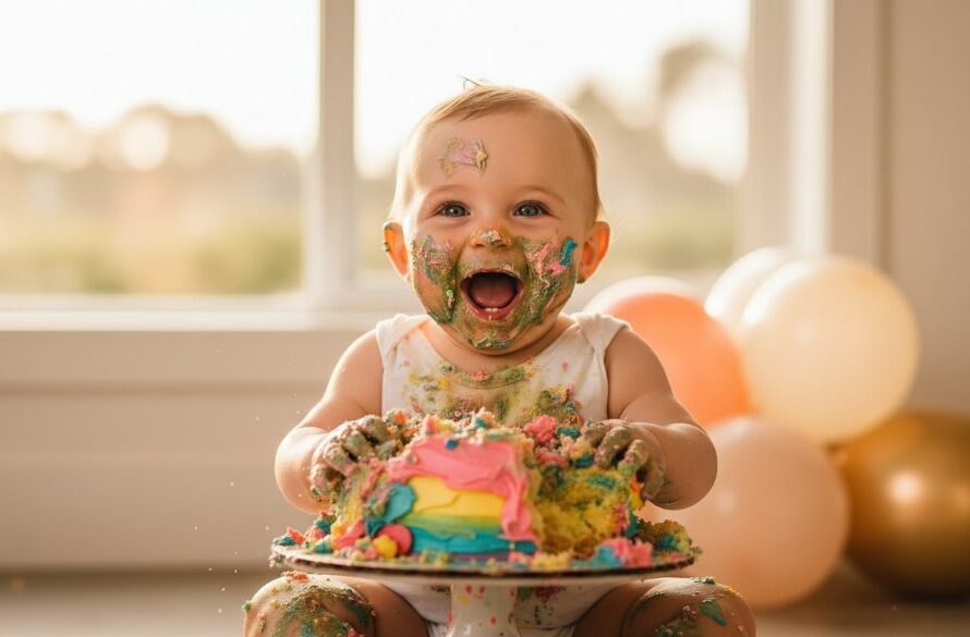 An epic moment captured by Dennington Victoria First Birthday Cake Smash Photographer: a joyous baby, smeared in vibrant blue frosting, laughing amidst cake debris with balloons in the background, bathed in soft golden light.