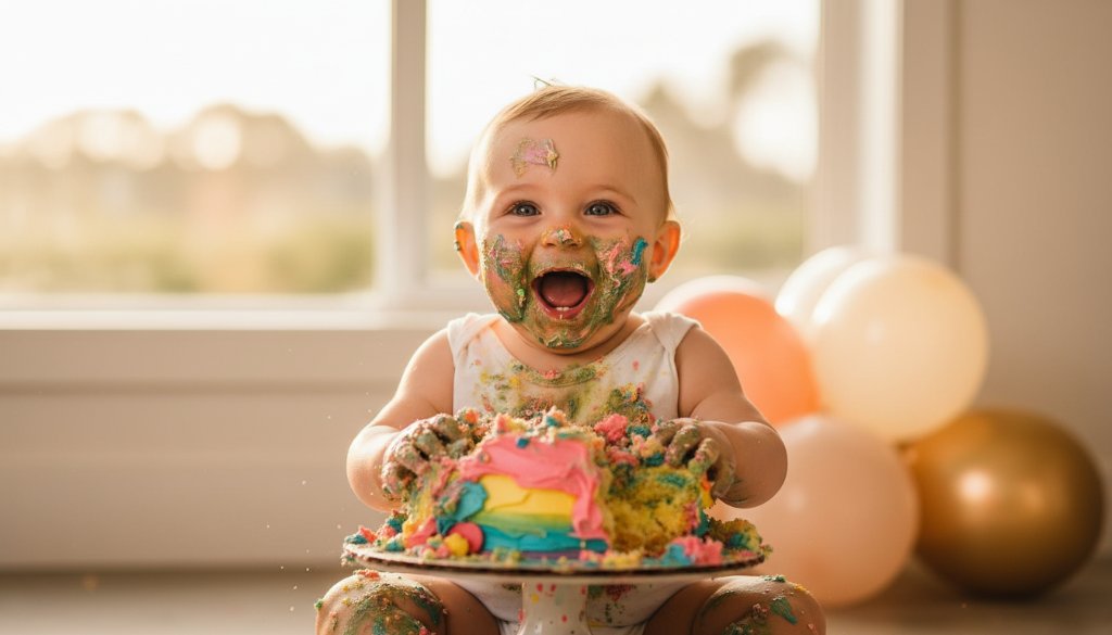 An epic moment captured by Dennington Victoria First Birthday Cake Smash Photographer: a joyous baby, smeared in vibrant blue frosting, laughing amidst cake debris with balloons in the background, bathed in soft golden light.