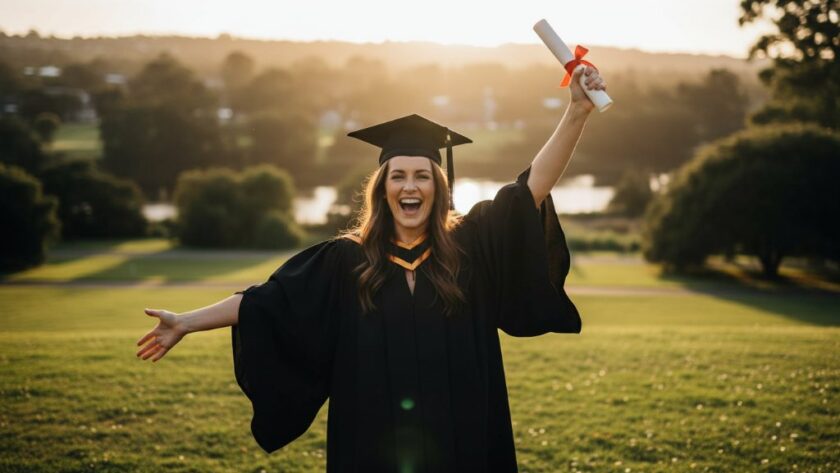 A jubilant graduate in Dennington Victoria celebrating their graduation, tossing their cap in the air with friends, capturing Dennington Victoria graduation photography joyful moments in a sun-drenched, professionally colour-graded epic shot.