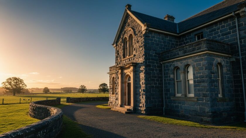 A wide, dramatic shot capturing the intricate facade of a grand, historic bluestone building in Dennington, Victoria, Australia, under a golden hour sky. The photograph, perfect for Dennington Victoria historic architecture photography, highlights ornate details and shadows, showcasing its timeless beauty with professional color grading.