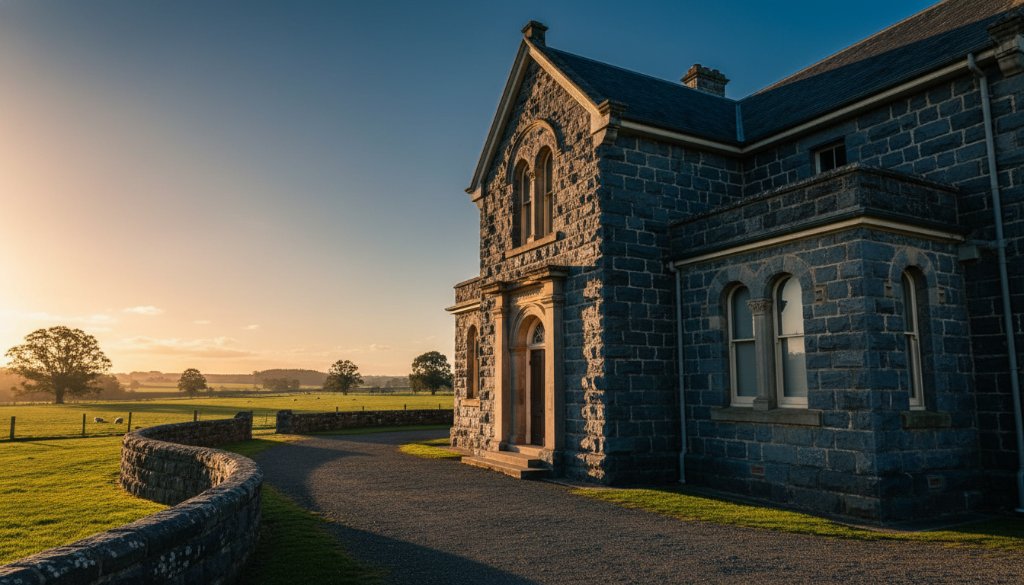 A wide, dramatic shot capturing the intricate facade of a grand, historic bluestone building in Dennington, Victoria, Australia, under a golden hour sky. The photograph, perfect for Dennington Victoria historic architecture photography, highlights ornate details and shadows, showcasing its timeless beauty with professional color grading.