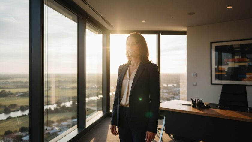 An epic moment captured in Dennington, Victoria, showcasing a confident business leader receiving their Dennington Victoria professional corporate branding photography, reflecting success and modern professionalism against a backdrop of historic Dennington architecture, bathed in warm, cinematic light.