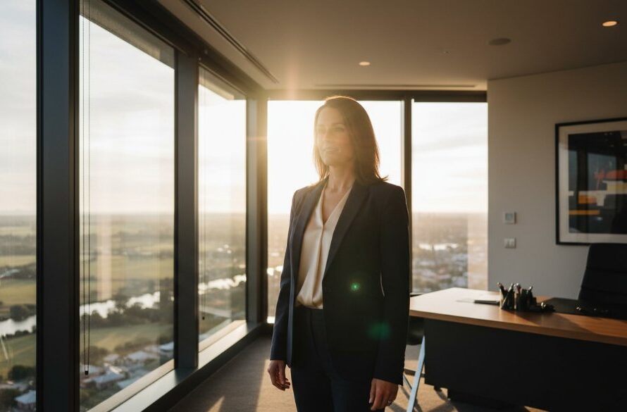An epic moment captured in Dennington, Victoria, showcasing a confident business leader receiving their Dennington Victoria professional corporate branding photography, reflecting success and modern professionalism against a backdrop of historic Dennington architecture, bathed in warm, cinematic light.