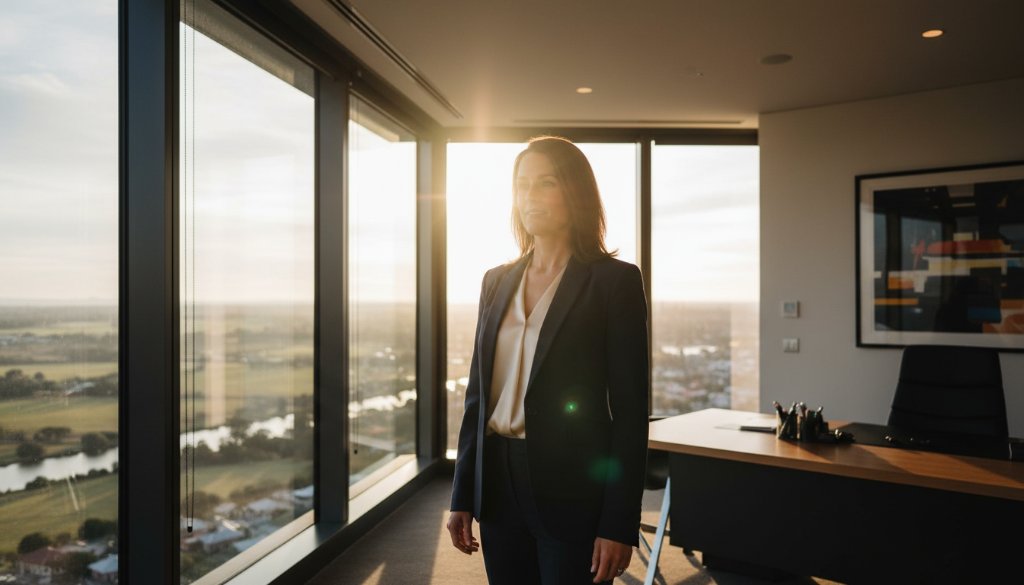 An epic moment captured in Dennington, Victoria, showcasing a confident business leader receiving their Dennington Victoria professional corporate branding photography, reflecting success and modern professionalism against a backdrop of historic Dennington architecture, bathed in warm, cinematic light.