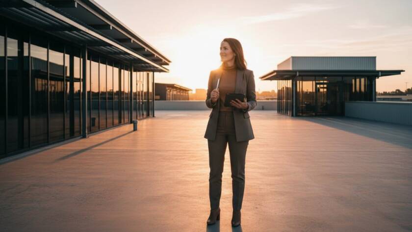 An entrepreneur confidently presenting their product amidst a modern, industrial backdrop in Derrimut, bathed in dramatic golden hour light, showcasing the power of Derrimut brand photography for local small businesses.