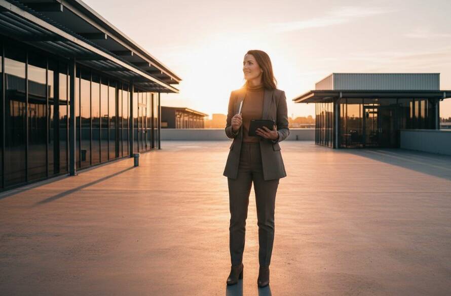 An entrepreneur confidently presenting their product amidst a modern, industrial backdrop in Derrimut, bathed in dramatic golden hour light, showcasing the power of Derrimut brand photography for local small businesses.
