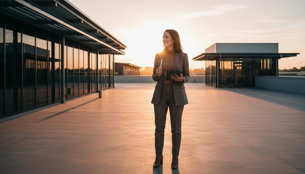 An entrepreneur confidently presenting their product amidst a modern, industrial backdrop in Derrimut, bathed in dramatic golden hour light, showcasing the power of Derrimut brand photography for local small businesses.