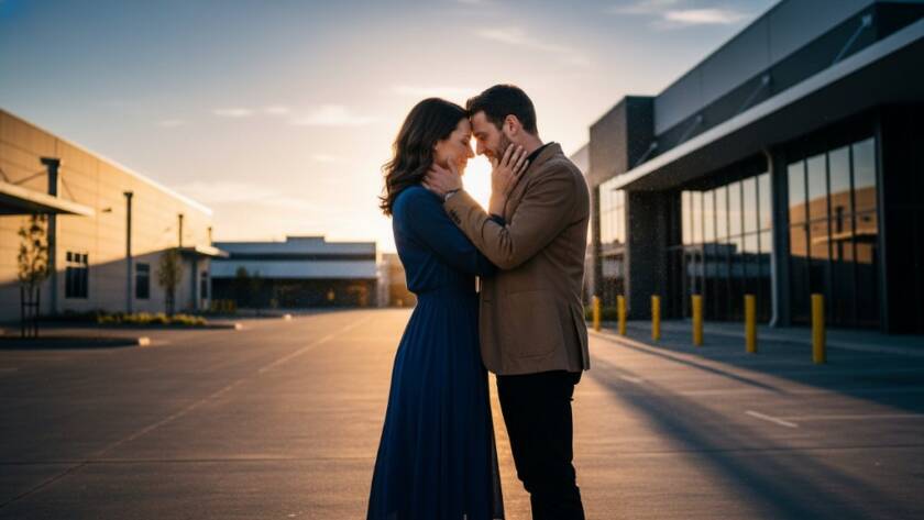 A stunning 'epic moment' style photograph capturing a couple embracing under dramatic golden hour light in a Derrimut industrial park, showcasing the unique urban romance of Derrimut Engagement Photography Urban Romance.