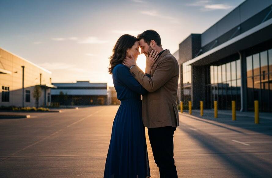A stunning 'epic moment' style photograph capturing a couple embracing under dramatic golden hour light in a Derrimut industrial park, showcasing the unique urban romance of Derrimut Engagement Photography Urban Romance.