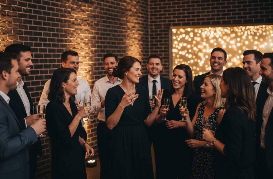 A professional photograph of a joyful group of guests laughing and raising glasses in celebration at a beautifully decorated evening event in Derrimut, Victoria, bathed in warm, dramatic ambient light, perfectly capturing the authentic celebrations and lively atmosphere. This epic moment exemplifies quality Derrimut event photography.