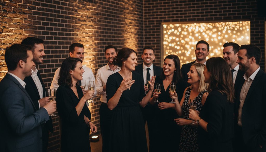 A professional photograph of a joyful group of guests laughing and raising glasses in celebration at a beautifully decorated evening event in Derrimut, Victoria, bathed in warm, dramatic ambient light, perfectly capturing the authentic celebrations and lively atmosphere. This epic moment exemplifies quality Derrimut event photography.