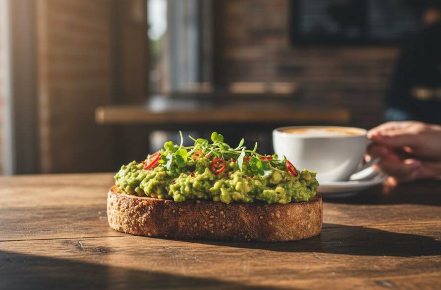 Dynamic and dramatic Derrimut food photography for local cafes, capturing a perfectly styled artisan coffee with steam rising against a blurred, bustling cafe background at golden hour, showcasing the rich textures and inviting atmosphere.
