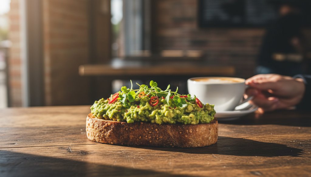 Dynamic and dramatic Derrimut food photography for local cafes, capturing a perfectly styled artisan coffee with steam rising against a blurred, bustling cafe background at golden hour, showcasing the rich textures and inviting atmosphere.
