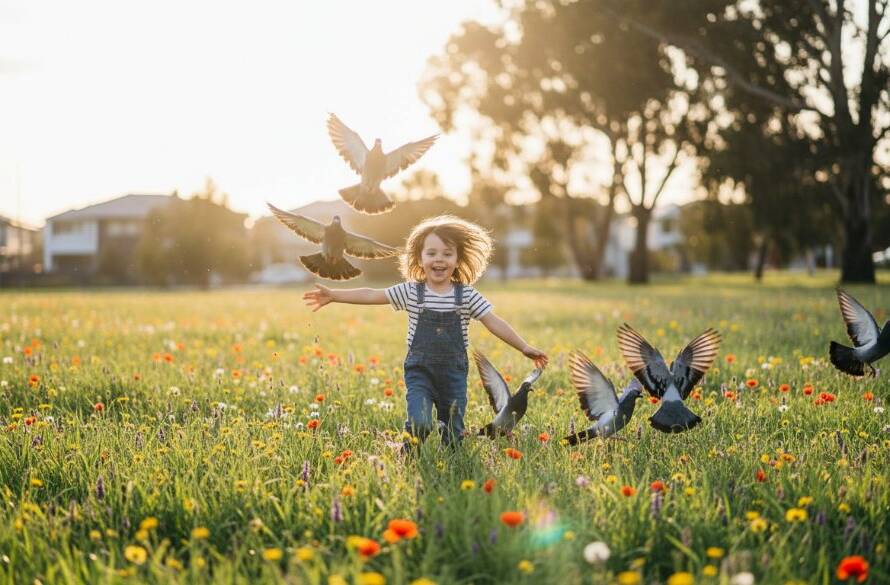 A vibrant, wide-angle, professional photograph capturing an epic moment during a Derrimut kids photography playful outdoor session, featuring two children laughing heartily as they play with colourful kites against a backdrop of golden hour sunlight filtering through lush eucalyptus trees in a Derrimut park, showcasing pure childhood joy with dramatic lighting and professional colour grading.