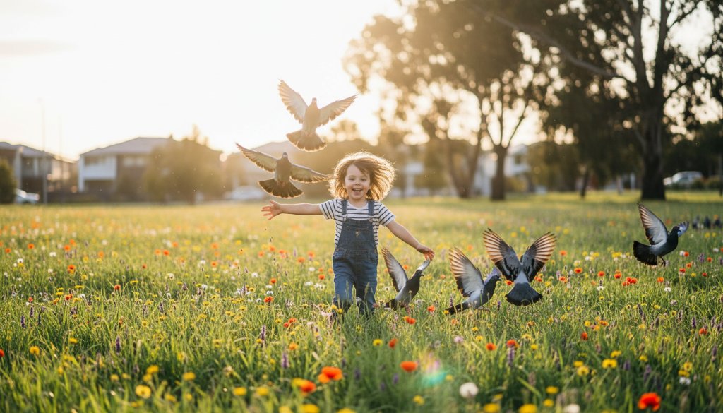 A vibrant, wide-angle, professional photograph capturing an epic moment during a Derrimut kids photography playful outdoor session, featuring two children laughing heartily as they play with colourful kites against a backdrop of golden hour sunlight filtering through lush eucalyptus trees in a Derrimut park, showcasing pure childhood joy with dramatic lighting and professional colour grading.