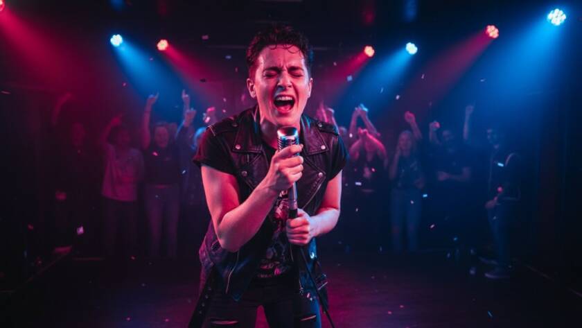 A dynamic, wide-angle shot capturing Derrimut live music photography unforgettable moments at a local venue, featuring a lead guitarist mid-shred under dramatic stage lights, with the crowd's energy palpable in the foreground, showcasing a professional and color-graded cinematic style.