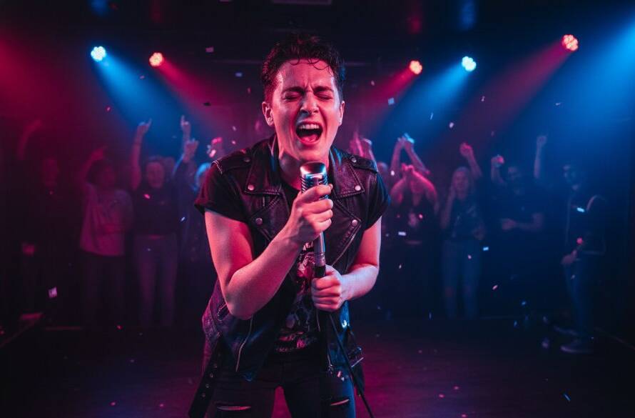 A dynamic, wide-angle shot capturing Derrimut live music photography unforgettable moments at a local venue, featuring a lead guitarist mid-shred under dramatic stage lights, with the crowd's energy palpable in the foreground, showcasing a professional and color-graded cinematic style.