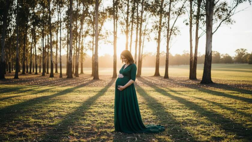 A stunning wide-angle shot of a glowing expectant mother at sunset in a scenic Derrimut park, beautifully lit from behind, embodying serene Derrimut maternity photography capturing serene journeys, her hand gently cradling her baby bump amidst golden light.