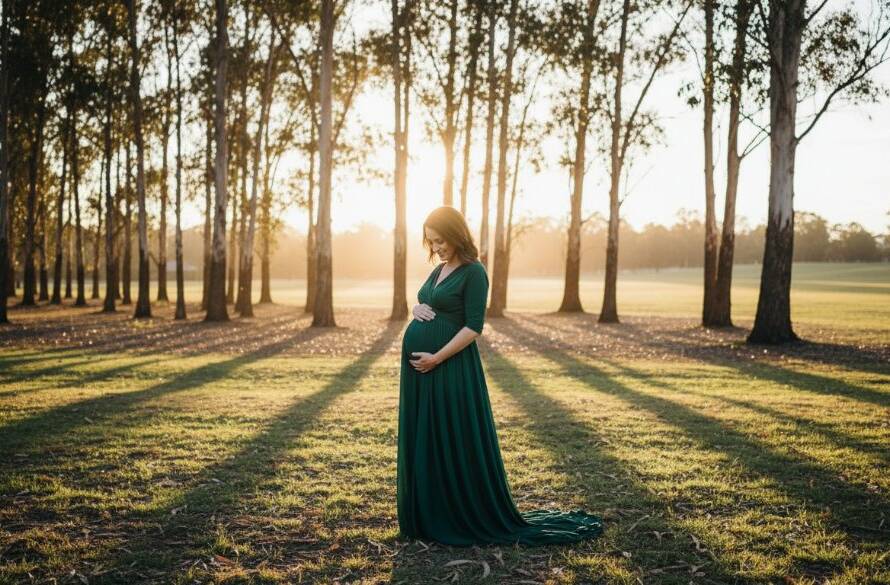 A stunning wide-angle shot of a glowing expectant mother at sunset in a scenic Derrimut park, beautifully lit from behind, embodying serene Derrimut maternity photography capturing serene journeys, her hand gently cradling her baby bump amidst golden light.