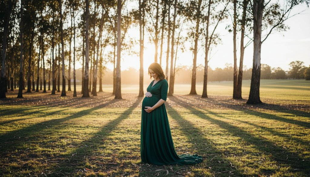 A stunning wide-angle shot of a glowing expectant mother at sunset in a scenic Derrimut park, beautifully lit from behind, embodying serene Derrimut maternity photography capturing serene journeys, her hand gently cradling her baby bump amidst golden light.