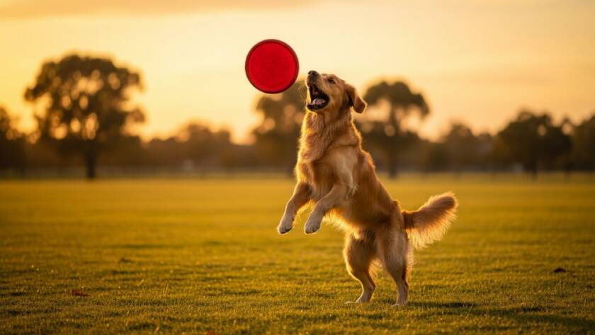 A joyful golden retriever mid-leap, fetching a tennis ball in a sun-drenched Derrimut park, illustrating Derrimut pet photography joyful outdoor portraits, with motion blur and dramatic golden hour lighting.