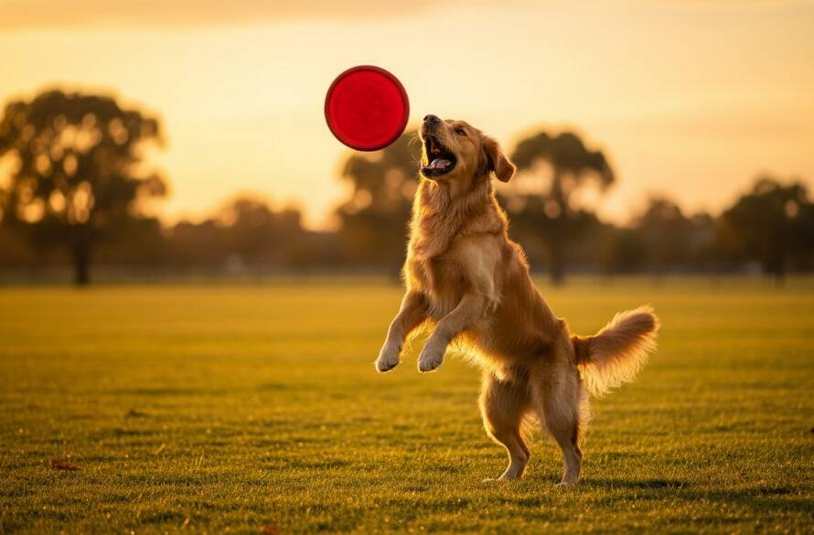 A joyful golden retriever mid-leap, fetching a tennis ball in a sun-drenched Derrimut park, illustrating Derrimut pet photography joyful outdoor portraits, with motion blur and dramatic golden hour lighting.