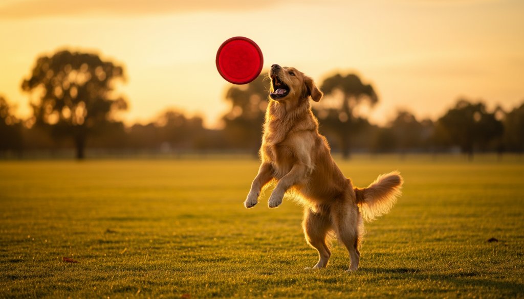 A joyful golden retriever mid-leap, fetching a tennis ball in a sun-drenched Derrimut park, illustrating Derrimut pet photography joyful outdoor portraits, with motion blur and dramatic golden hour lighting.
