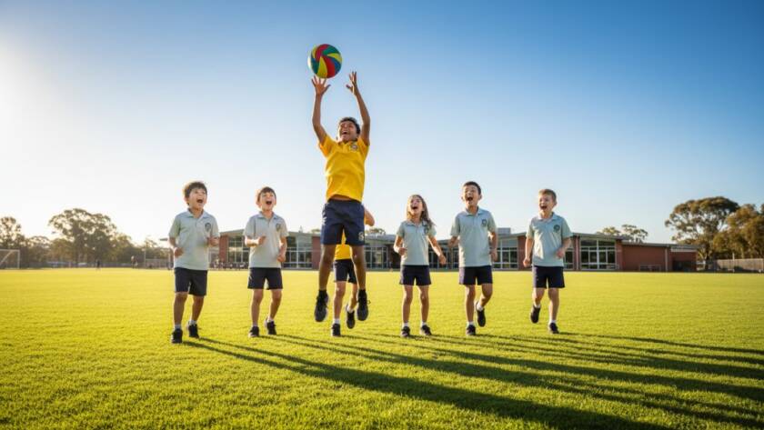 A vibrant, professionally colour-graded 'epic moment' photograph capturing a group of primary school children from Derrimut, Victoria, erupting in laughter and high-fives during a school sports carnival, perfectly embodying Derrimut school photography capturing genuine student joy, with warm afternoon light highlighting their expressions and the green oval in the background.