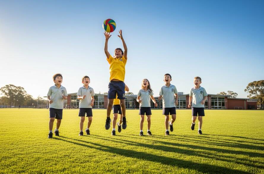 A vibrant, professionally colour-graded 'epic moment' photograph capturing a group of primary school children from Derrimut, Victoria, erupting in laughter and high-fives during a school sports carnival, perfectly embodying Derrimut school photography capturing genuine student joy, with warm afternoon light highlighting their expressions and the green oval in the background.