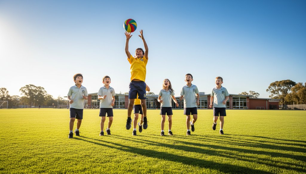A vibrant, professionally colour-graded 'epic moment' photograph capturing a group of primary school children from Derrimut, Victoria, erupting in laughter and high-fives during a school sports carnival, perfectly embodying Derrimut school photography capturing genuine student joy, with warm afternoon light highlighting their expressions and the green oval in the background.