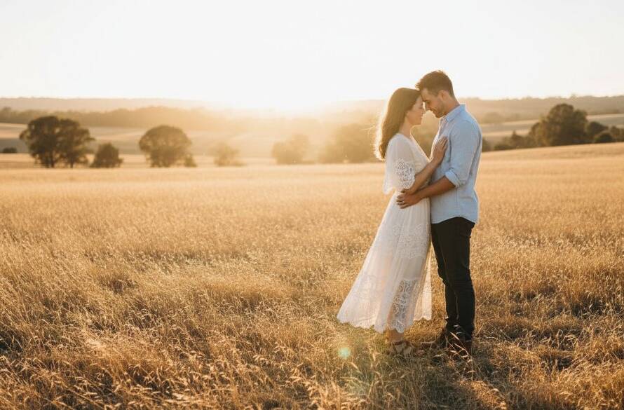 A couple embraces tenderly at sunset amidst golden fields and rustic fences in Derrimut, Victoria, beautifully capturing the essence of Derrimut Victoria Rustic Pre-Wedding Photography with dramatic, cinematic lighting.